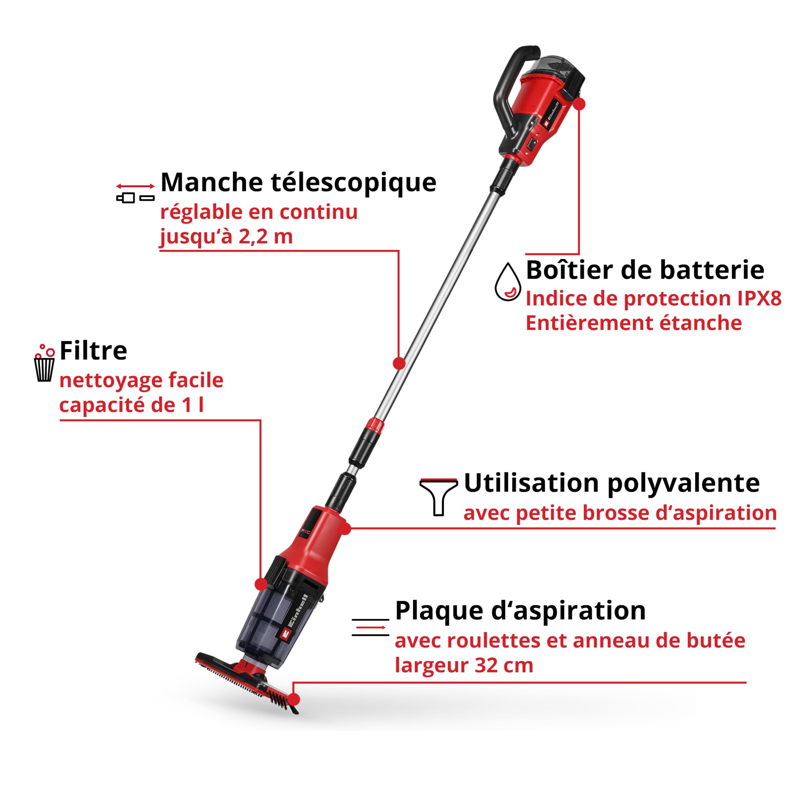 Einhell Aspirateur de Piscine sans Fil GE-PV 18/42 Li T-Solo PXC 18 V 32 cm 220 cm