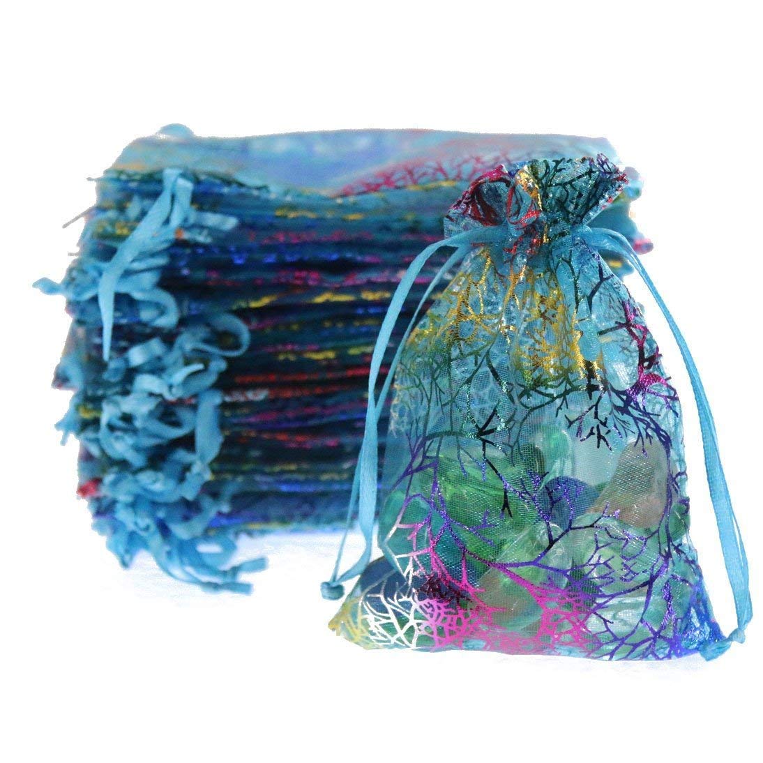 Anjing 100Pcs Coral Pattern Organza Bags Wedding Party Gift Favor Bag Jewelry Pouches Blue