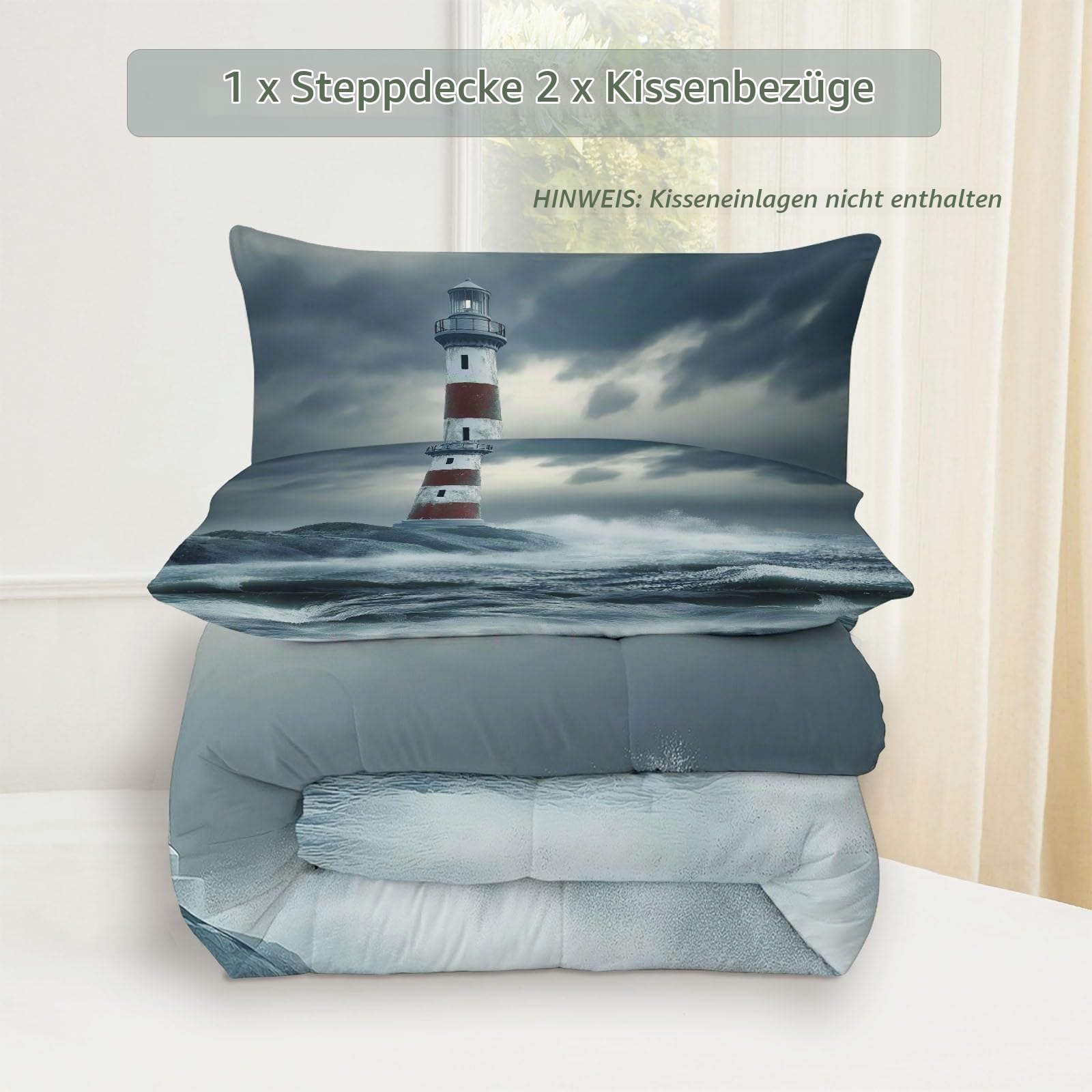 Natürliche Wellen Leuchtturm Ganzjahresdecke, 4 Jahreszeiten Waschbare Bettdecke Ohne Bezug, Wendbare Tagesdecke aus Mikrofaser, beidseitig verwendbar, 135x200 cm, Graublau