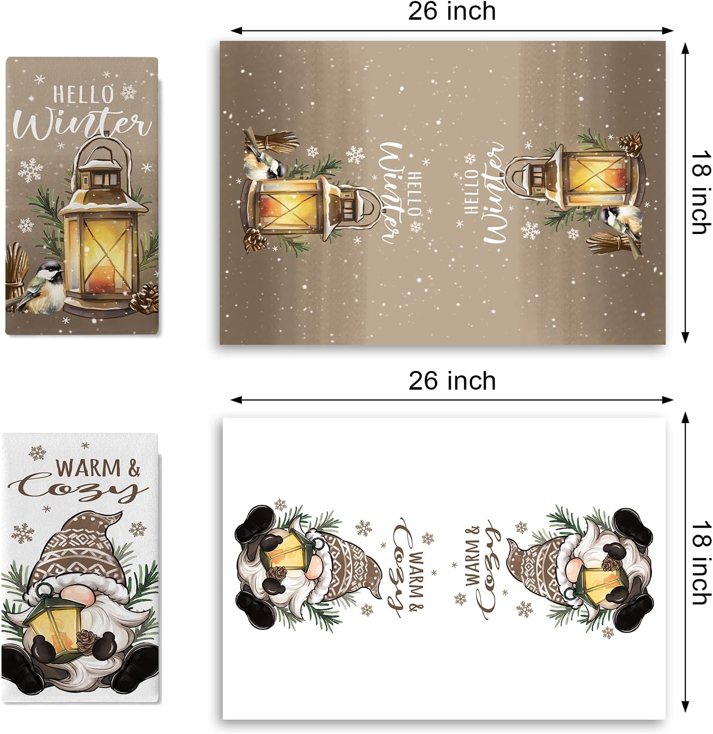 Hello Winter Brown Gnome Kitchen Dish Towel, Warm Cozy Lantern Chickadee Drying Hand Towel Baking Cooking Cloth, Christmas Seasonal Snowflake Home Decoration 18 x 26 Inches - Image 3