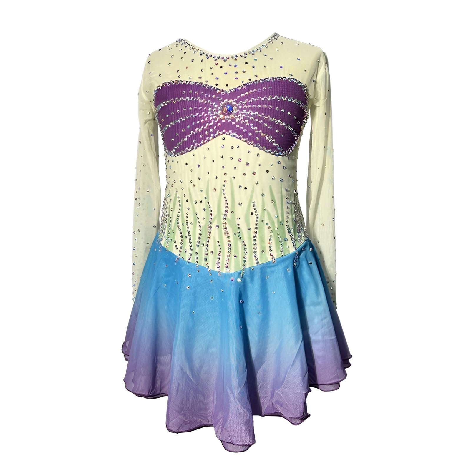 Kmarouse Handmade Girls and Women Figure Skating Dress with Crystal Rhinestones, Long Sleeve Breathable Competition Dress(Large) Blue