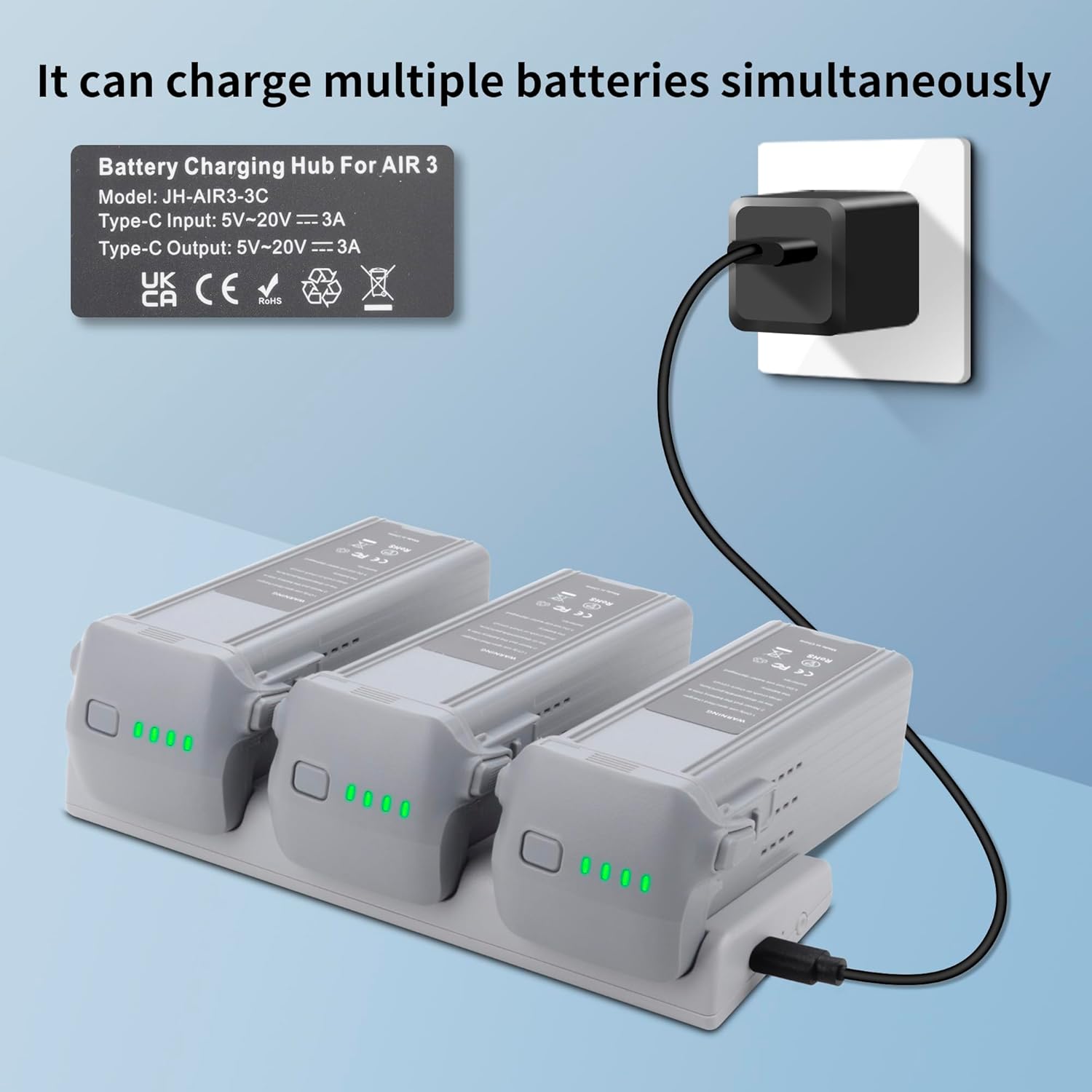 Air 3 Upgraded 3-Channel Fast Charger Box Compatible with DJI Air 3 and Air 3S Battery, Storage Charging Three Batteries sequentially, Featuring a Multi-Function Charge Drone Hub Accessory