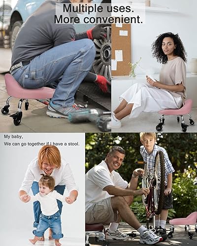 Miniatura 4 de IMMER LIEBEN Taburete rodante con respaldo, taburete enrollable de baja altura con ruedas giratorias universales para oficina en casa, adulto, silla