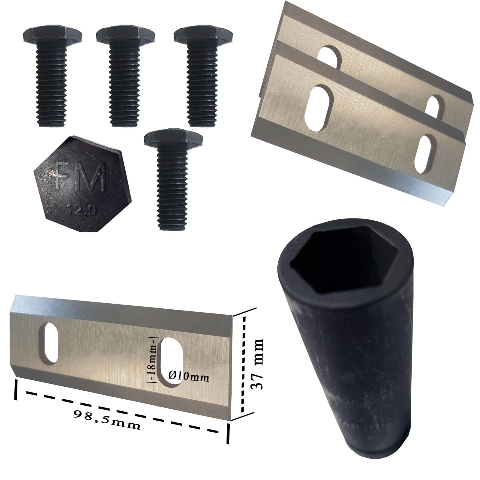 Juego de 3 cuchillos para FM4DDE FM6DD y FM6DDES (2 cuchillas reversibles, 4 tornillos y tuerca de 16 mm)