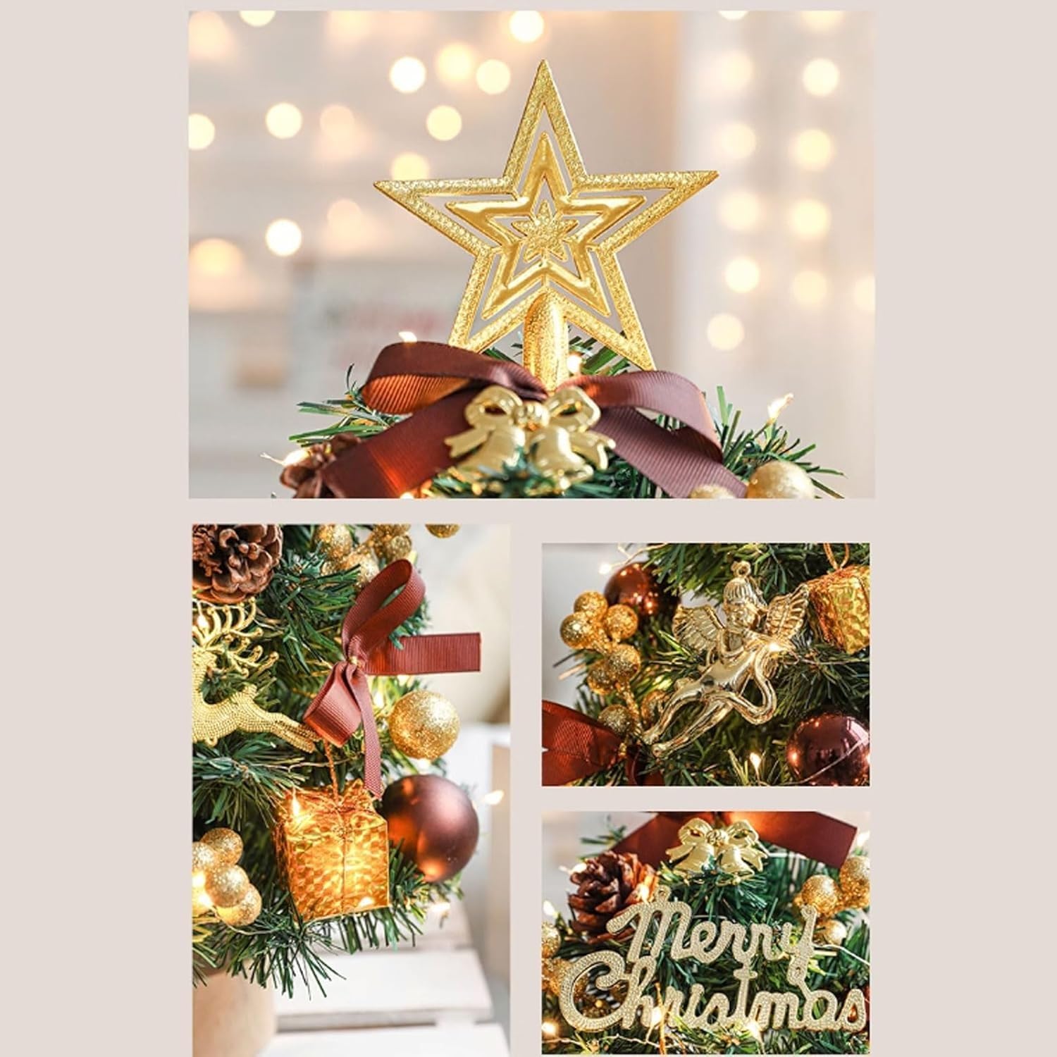 Mini albero di Natale artificiale da 45 cm/60 cm, piccoli alberi di Natale da tavolo for decorazioni fai da te for le feste natalizie Piante artificiali(Gold a,45cm)