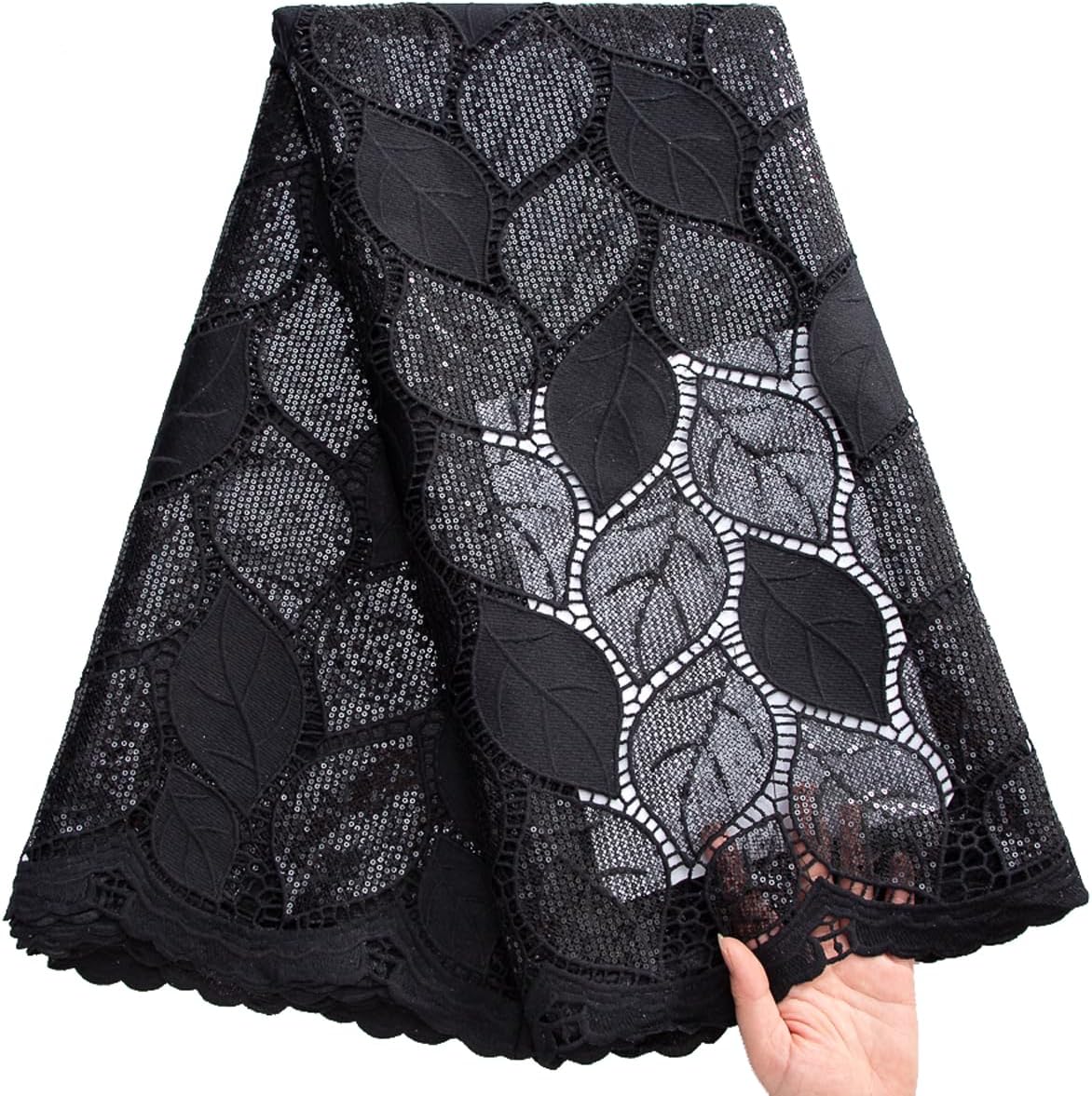African Lace Fabric 5 Yards, Nigerian Water Soluble Guipure Cord Leaves Solid Lace Fabric with Sequins