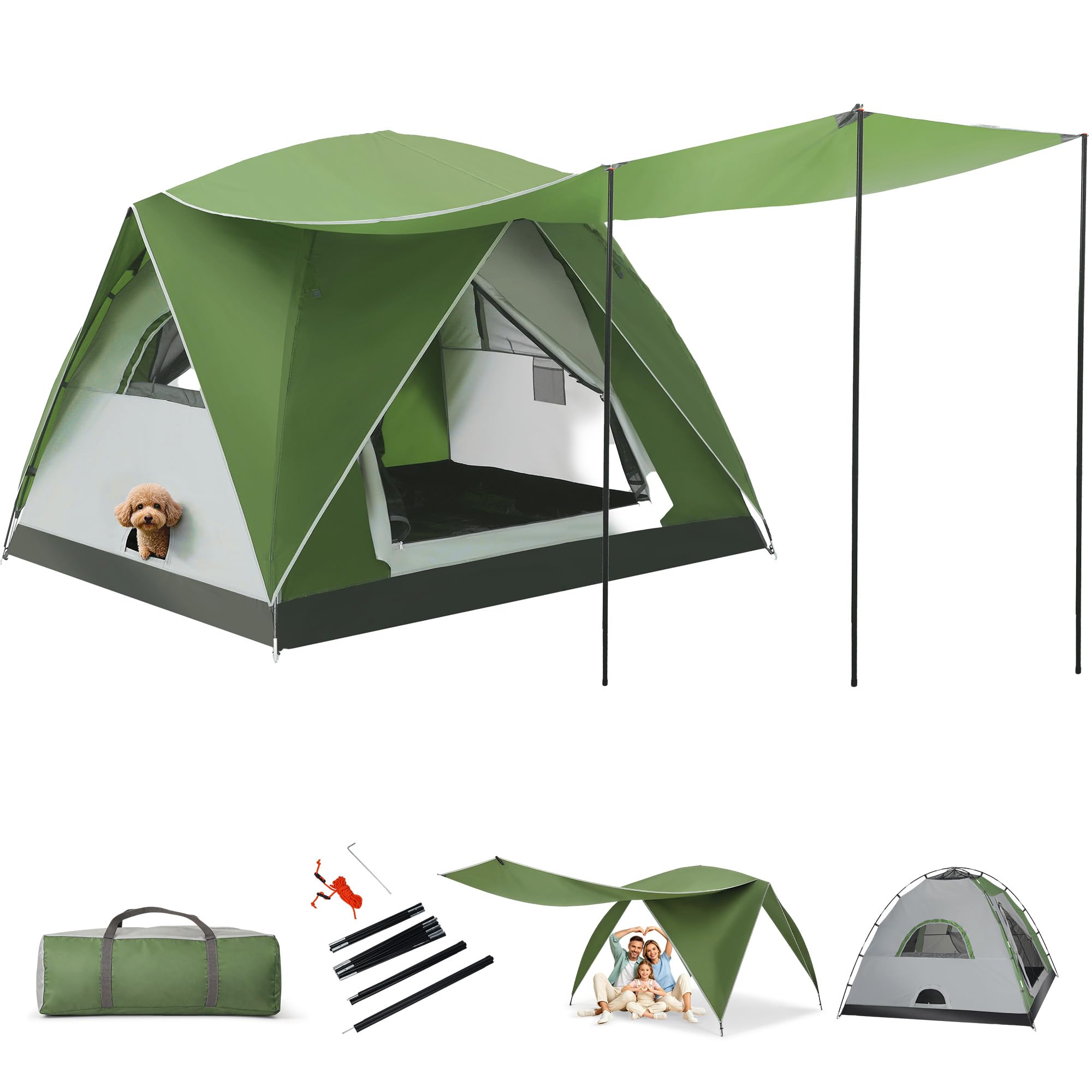 Tente de camping dôme pour 2 à 3 personnes avec salon et auvent – Double couche imperméable à l'eau, légère et facile à installer, sac de transport portable pour la randonnée, 210 x (210 + 150 cm) x