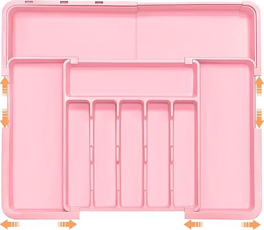 Silverware Organizer Expandable Kitchen Utensil Drawer Organizer Large BPA Free Adjustable Cutlery Silverware Tray for Spoons Forks Knives Storage Divider for Kitchen Flatware 6-9 Slots Pink
