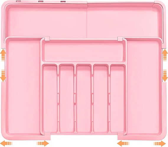 Silverware Organizer Expandable Kitchen Utensil Drawer Organizer Large BPA Free Adjustable Cutlery Silverware Tray for Spoons Forks Knives Storage Divider for Kitchen Flatware 6-9 Slots Pink