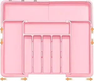 Silverware Organizer Expandable Kitchen Utensil Drawer Organizer Large BPA Free Adjustable Cutlery Silverware Tray for Spoons Forks Knives Storage Divider for Kitchen Flatware 6-9 Slots Pink