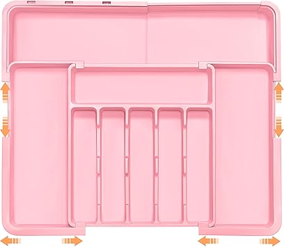 Silverware Organizer Expandable Kitchen Utensil Drawer Organizer Large BPA Free Adjustable Cutlery Silverware Tray for Spoons Forks Knives Storage Divider for Kitchen Flatware 6-9 Slots Pink