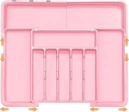 Silverware Organizer Expandable Kitchen Utensil Drawer Organizer Large BPA Free Adjustable Cutlery Silverware Tray for Spoons Forks Knives Storage Divider for Kitchen Flatware 6-9 Slots Pink