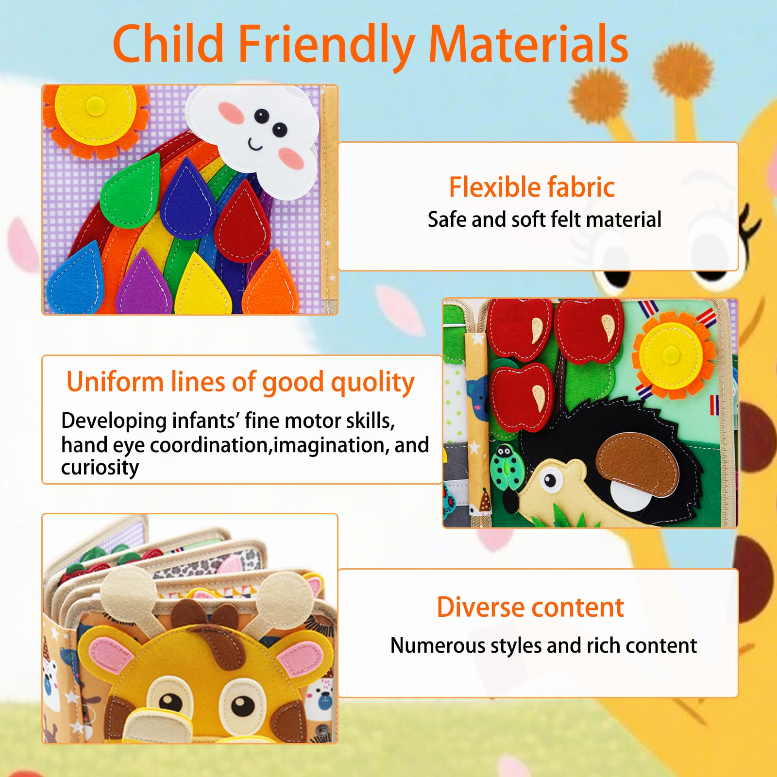 Montessori Spielzeug ab 1 Jahre,Stoffbuch Baby,3D Filz Montessori Busy Board Baby,Montessori Stille Buch mit,Stilles Buch für Reisen Zuhause,Geschenk Spielzeug ab 1-5 Jahre Mädchen Junge (Hirsch)