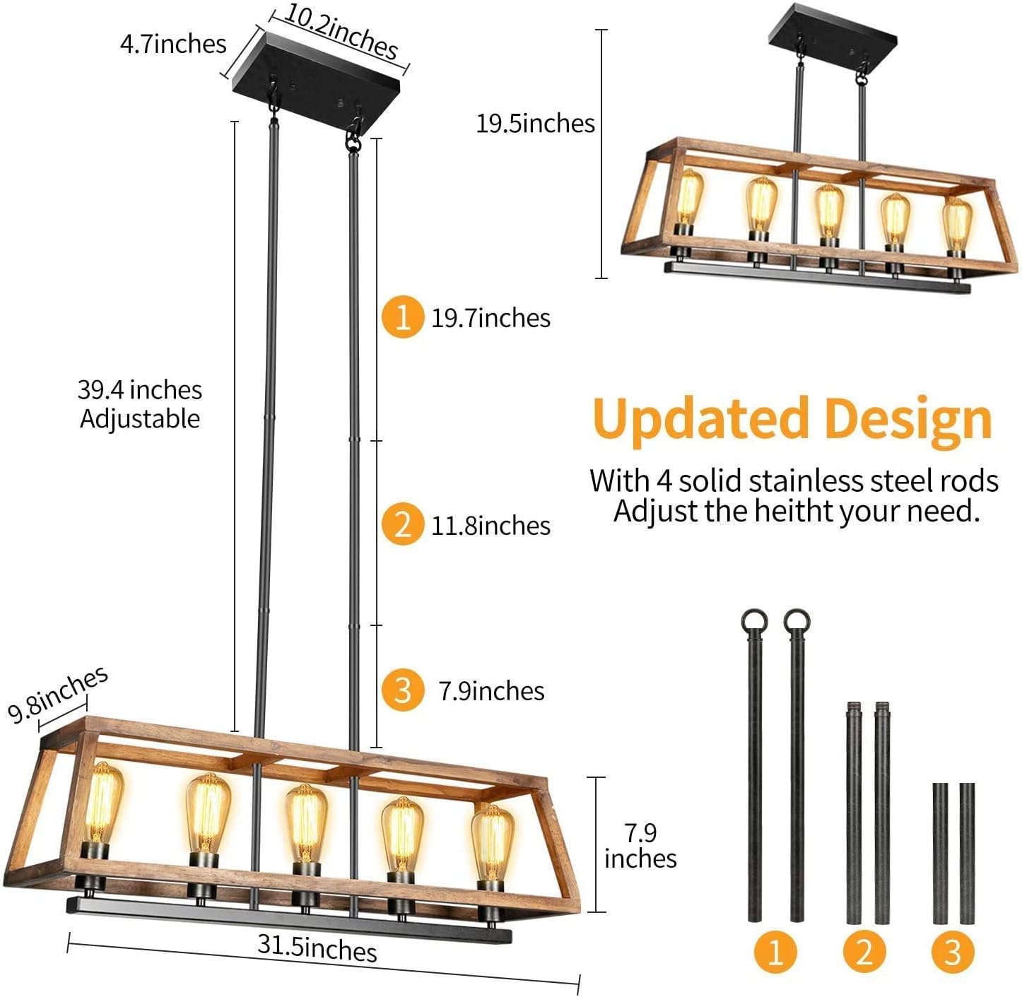 🔥 Juyace Farmhouse Chandelier Light Fixture with 5 Lights，60W Metal Bracket Rustic Vintage Wooden Pendant Lighting for Kitchen Island