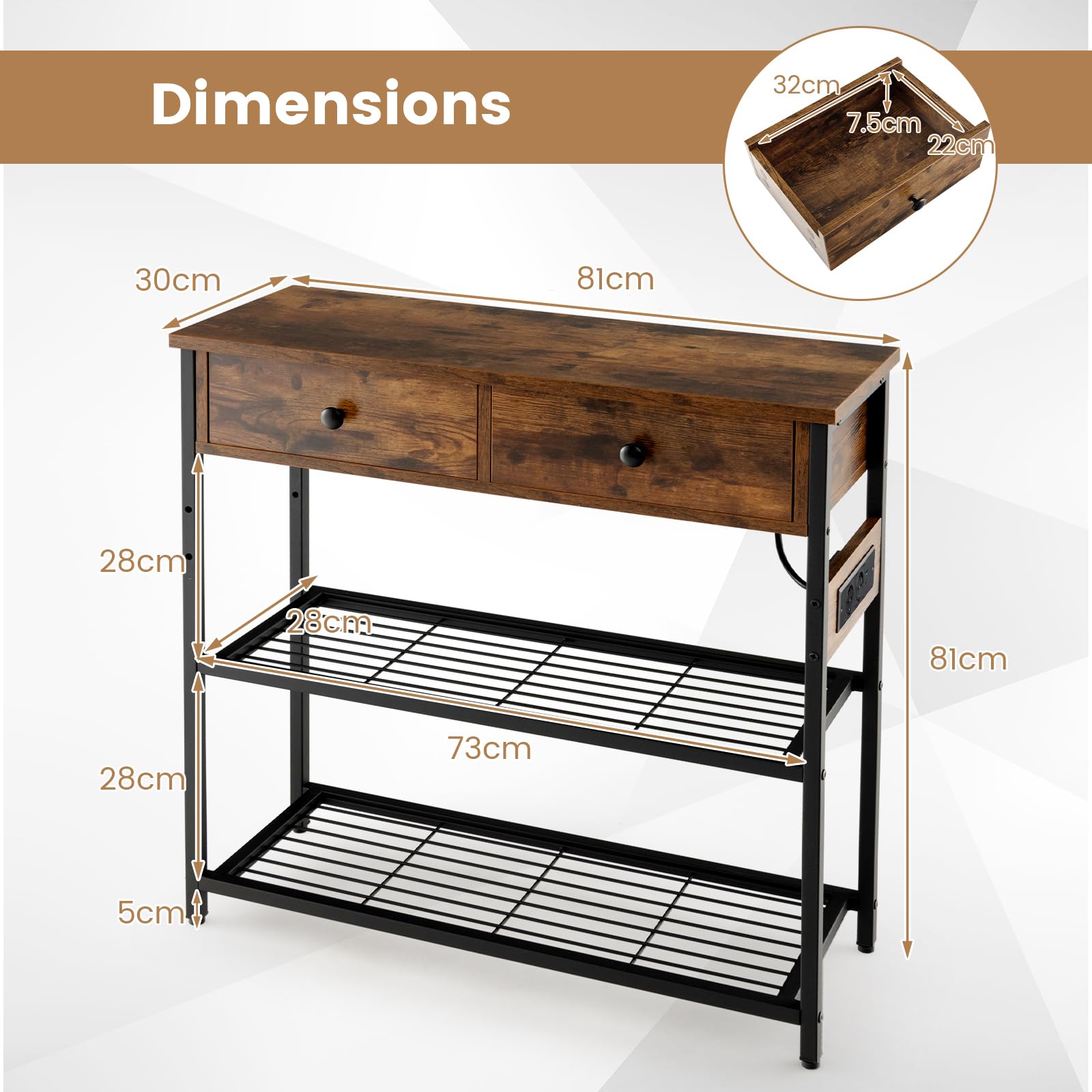 LIFEZEAL Mesa de Consola con Toma de Corriente y Puertos USB, Mesa de Pasillo Industrial Puertos USB, Mueble de Entrada con 2 Cajones, 81 x 30 x 81 cm, Marrón