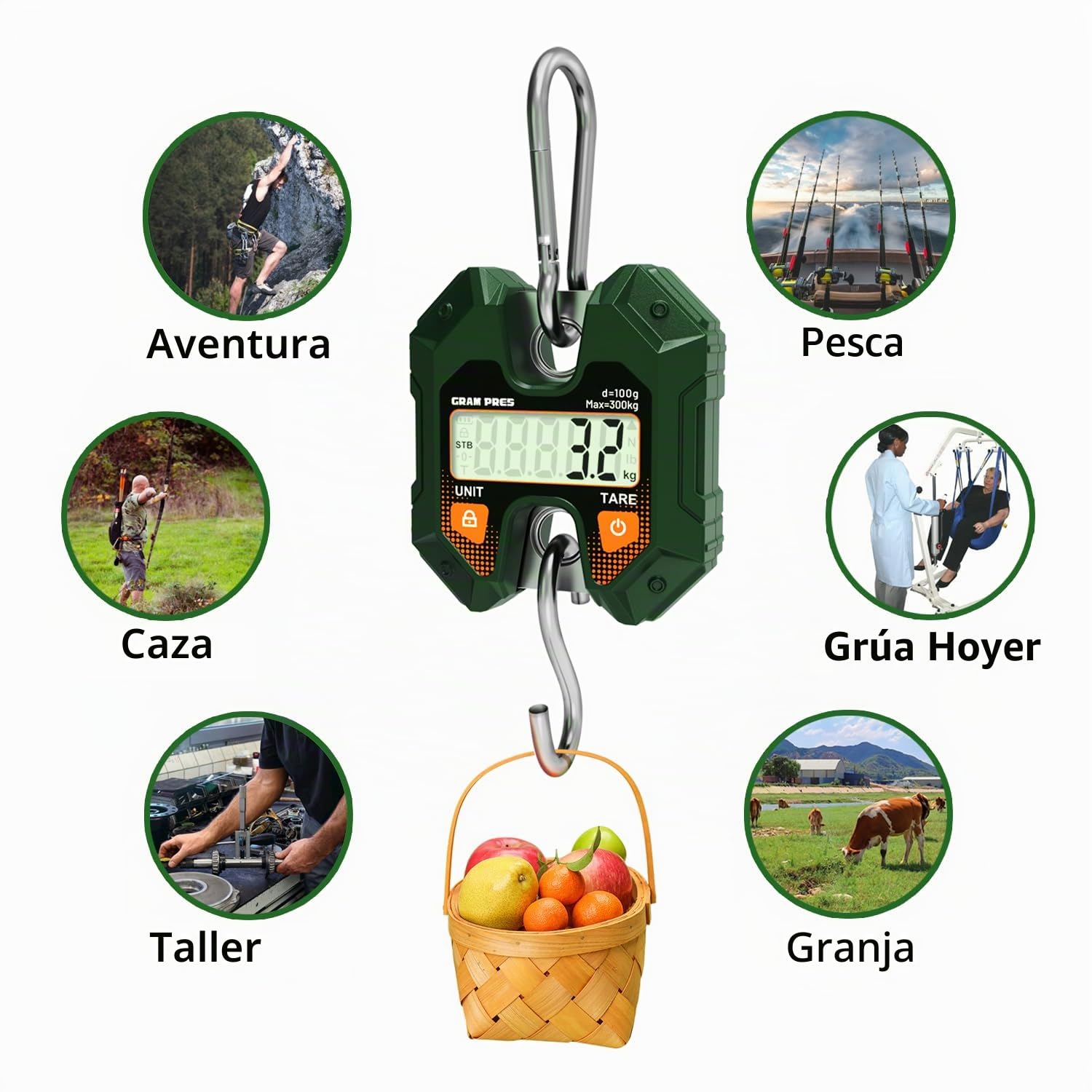 GRAM PRES Báscula colgante digital 300KG/660LB, báscula de grúa mini portátil, báscula para caza de ciervos, báscula digital de equipaje con gancho para granja, pescado, carne, caza, actividades al