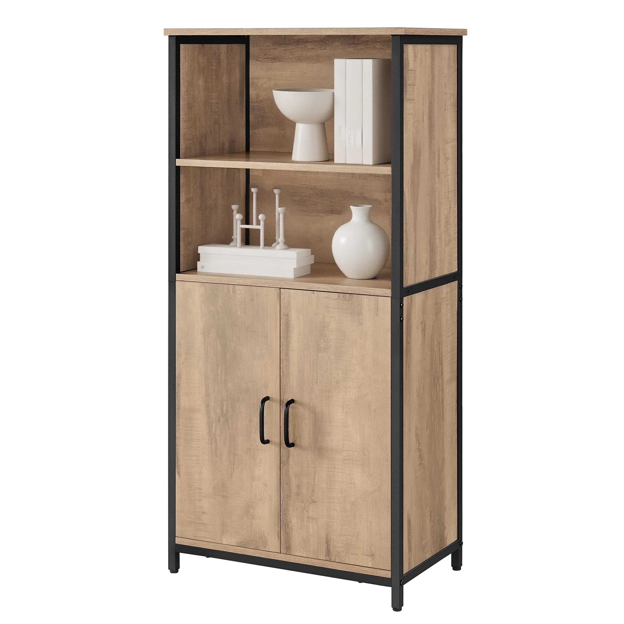 Freestanding Storage Cabinet, Cupboard, Bookcase, 2 Shelves and a Cabinet with an Adjustable Shelf, Steel Frame, for Living Room, Kitchen, Home Office, Toasted Oak and Black Colour LSC066B50