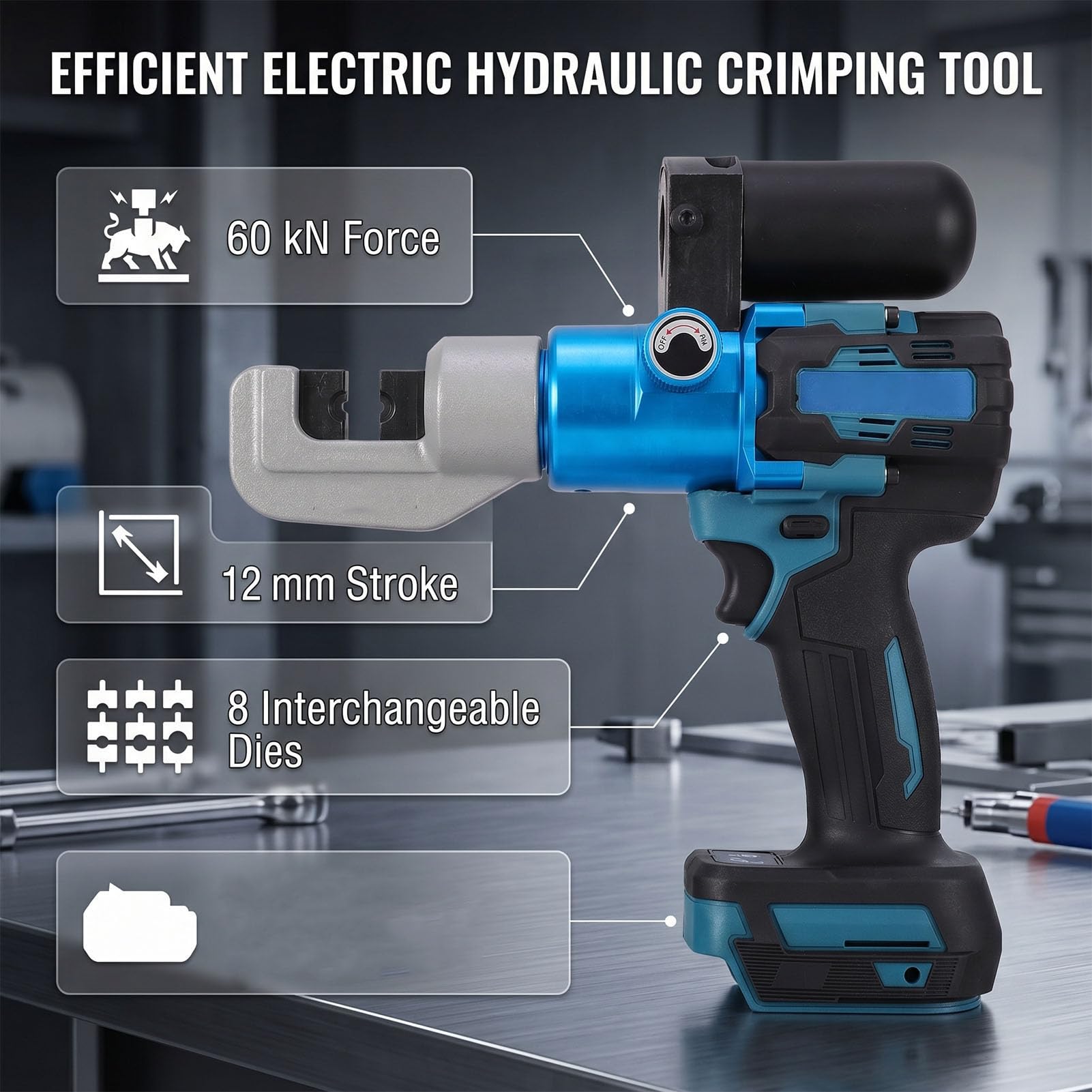 Elektryczne Hydrauliczne Narzędzie do Zaciskania, Akumulatorowa Hydrauliczna Zaciskarka do Końcówek Kablowych z 8 Matrycami Miedzianych Końcówek Aluminiowych, Skok 60KN 12 Mm,