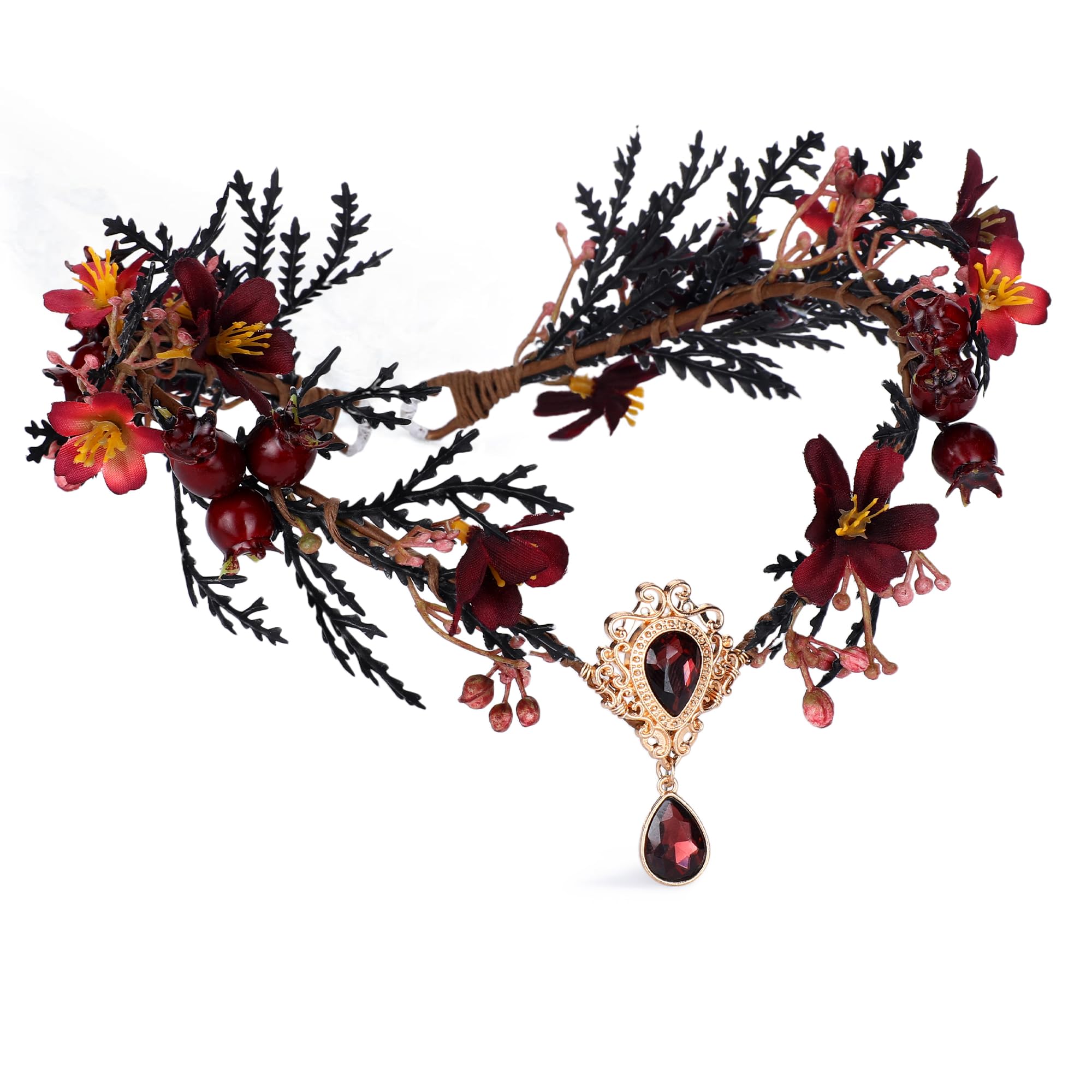 MOSTORY Dark Flower Fairy Crown - Handmade Elf Floral Headpiece Forest Crown Elven Circlet for Women s Cosplay Renaissance Carnival Masquerade Photo