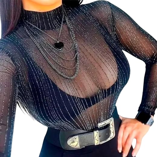 Blusa Tule Body Renda, Onça, Preta Brilho Lurex Sexy Slim Festa Balada Manga Longa Country Rodeio P ao GG (alta elasticidade)