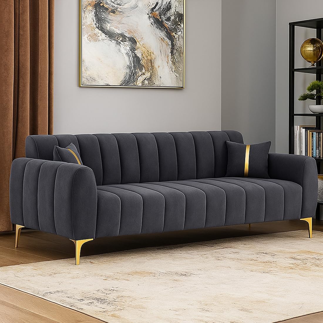 FURNY Harmony 3 Seater Velvet Fabric Sofa Set (Dark Grey) with Golden Finish Legs & Premium Velvet Finish | Durable & Comfortable | Ideal for Living Room