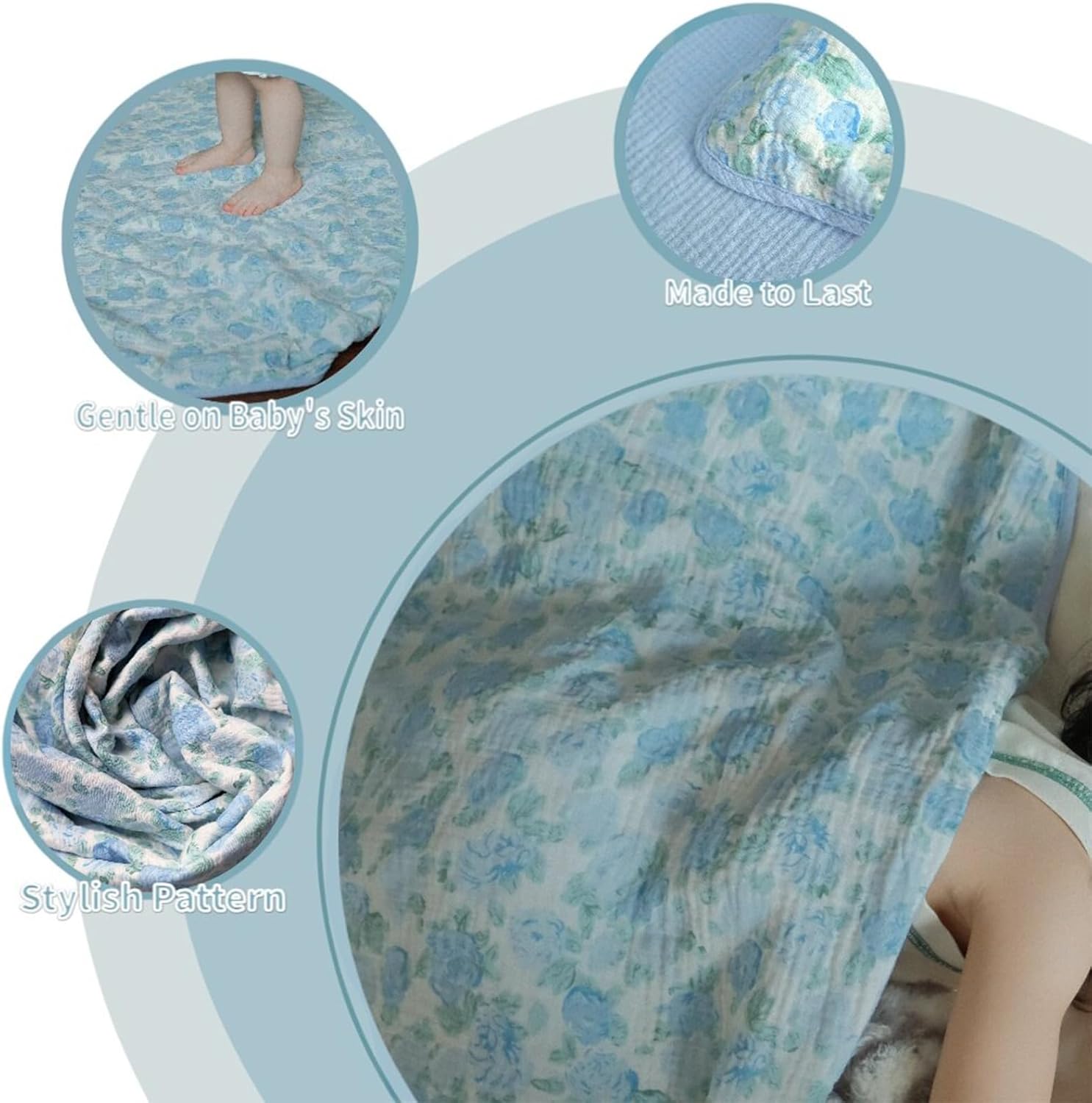 100% Cotton Muslin Baby Blanket,Reversible Receiving Blanket for Girls,Premium Organic Cotton Crib Quilt for Newborns Toddlers,Soft&Durable for Nursery,Tummy Time,Blue Rose 47x47in