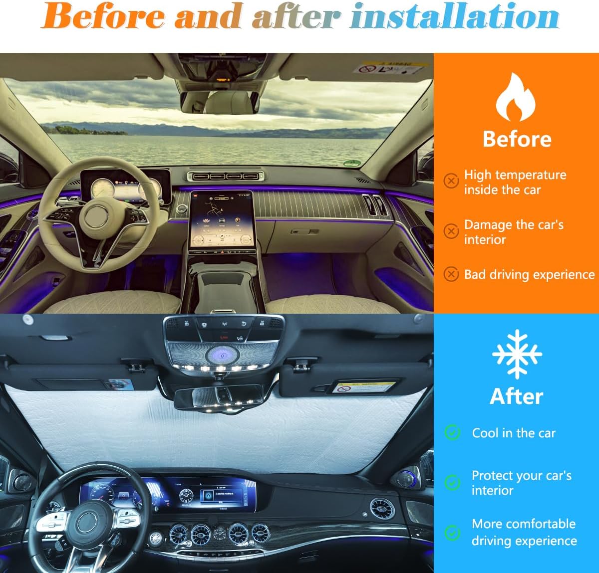 Car Windshield Sunshade Custom Fit for Mercedes Benz S Class 2008-2020 Foldable Sun Shield Reflective Polyester Sun Visor Cover Block Heat and Sun Protection Accessories (for W222 2014-2020)