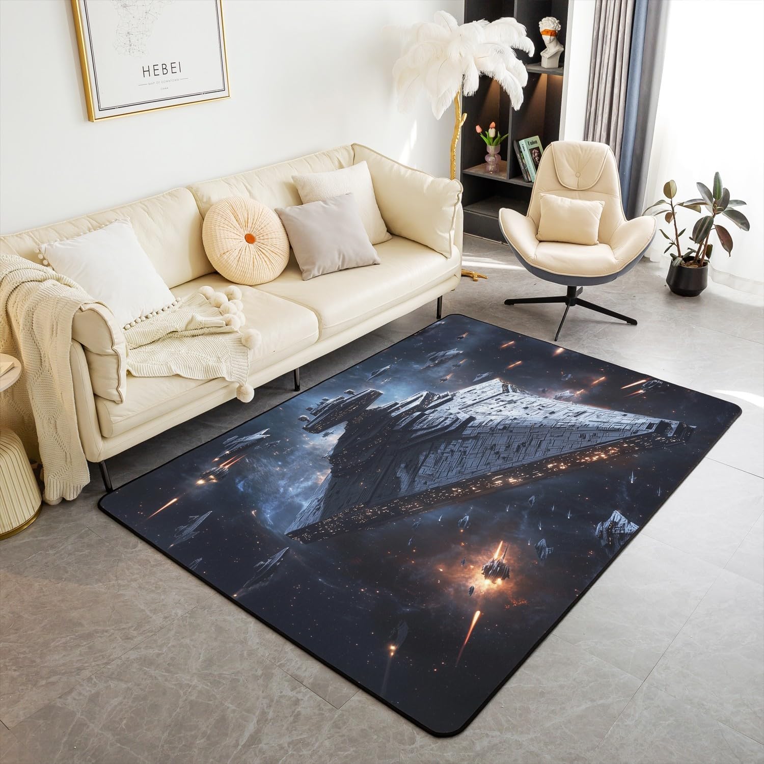 Spacecraft Print Area Rug 3'x5',Black Outer Space Galaxy Non Slip Carpet for Kids Teens Adults,Modern Cool Neon Light Decorative Shedding Rug for Bedroom Playroom Backyard