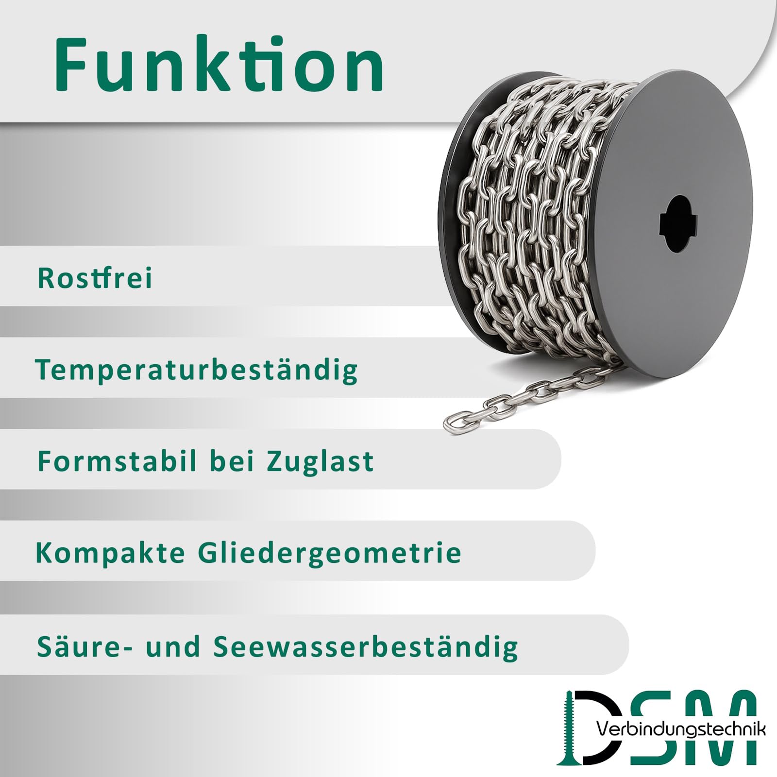 DSM – Chaîne acier 2 mm Ø long maillon, type similaire DIN 763/5685C – Acier inox A4 – inoxydable – Pour Jardin, bateau, atelier & déco – Charge rupture 120 kg – 50 m