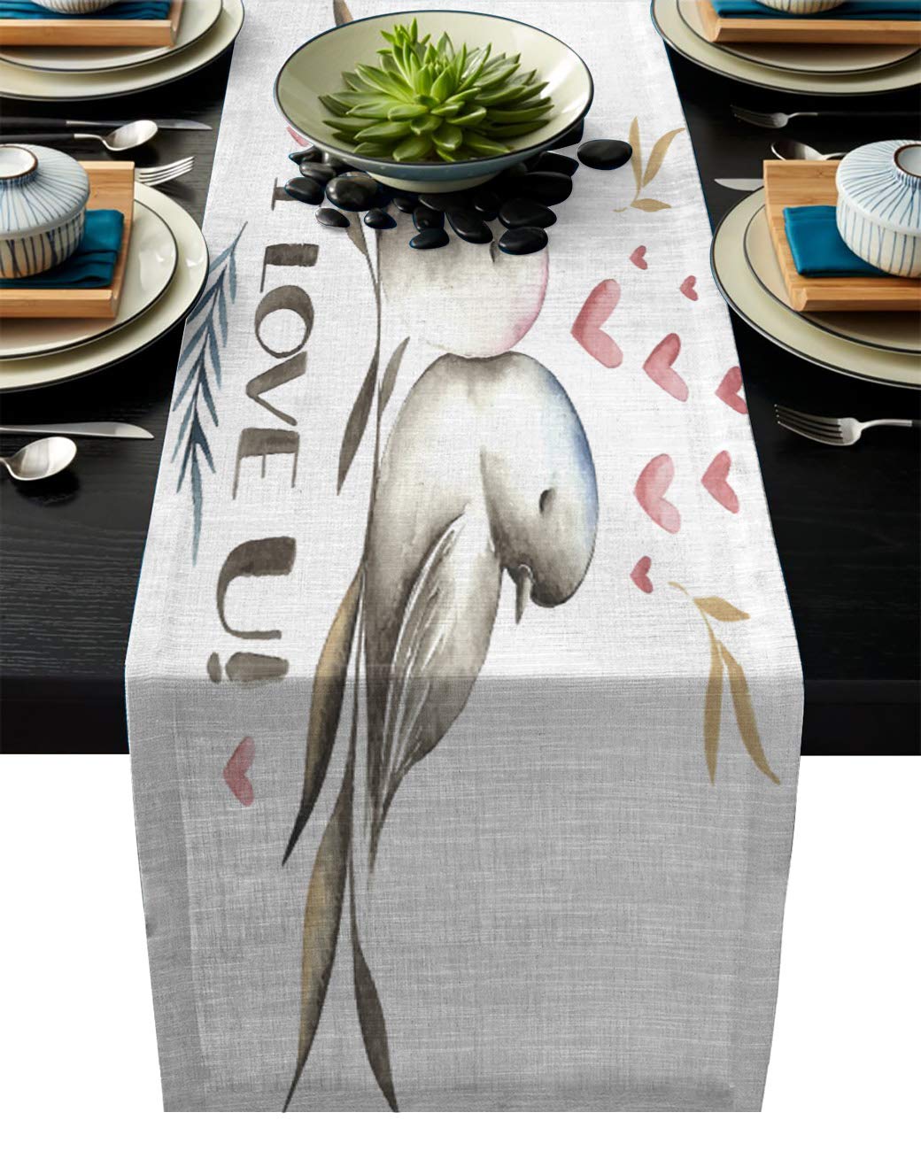 Homemade 4U Valentine's Day Table Runners 13x70inch Rectangle Table Runner for Wedding Banquet Decoration, Party Supplies - Bird Couple Fall in Love Watercolor Style