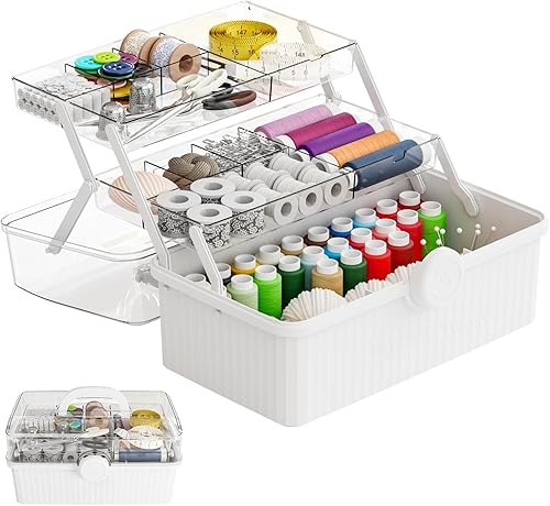 Miniatura 11 de Caja de plástico para manualidades de 3 capas de 13 pulgadas con asa, caja de almacenamiento multiusos para suministros de arte, cabello y costura,