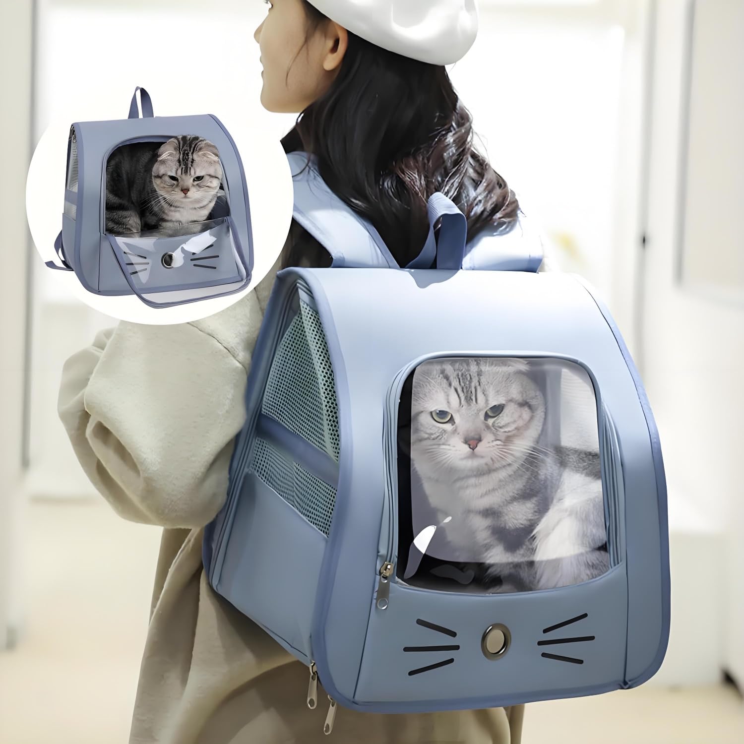 Mochila para Mascotas para Gatos, Bolsa para Mascotas Expandible, Mochila Gatos Transporte, Bolsa Transpirable para Gatos, con Ventana Transparente, para Mascotas De Menos De 6,5 Kg
