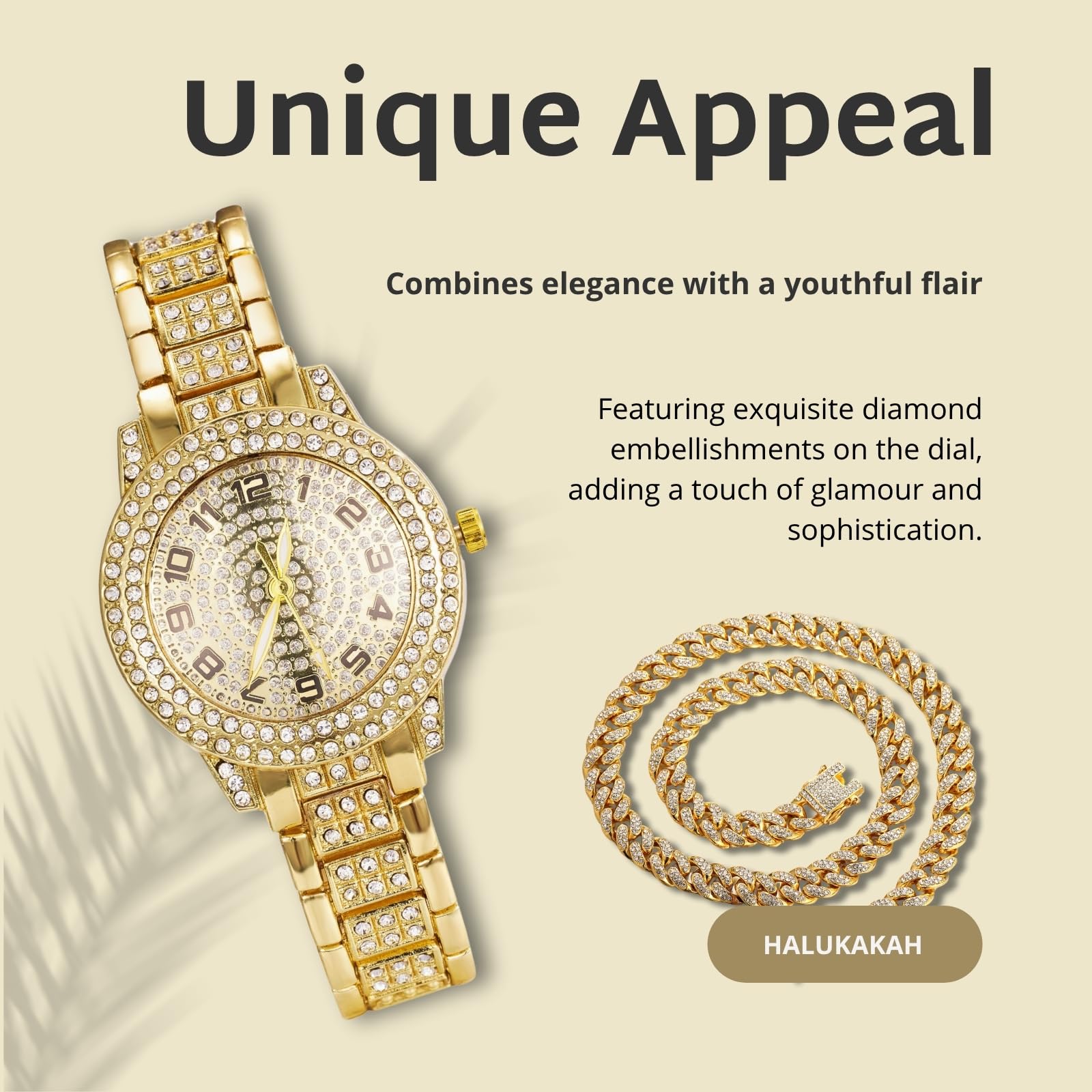 Halukakah Diamanten Gold Uhr Iced Out für Jungen - 18K Echtgold/Platin Platiniert,Rundes Zifferblatt mit Arabischen Zahlen - 19.5cm Länge - Optional mit Cuban Gliederkette - für Geburtstage,Partys