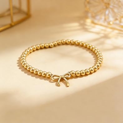 2PCS Dainty Beaded Bracelet Set for Women - Waterproof Silver Gold Bow Charm Stretch Ball Handmade Stackable Bracelets, Trendy Adjustable Jewelry Birthday Gifts for Her