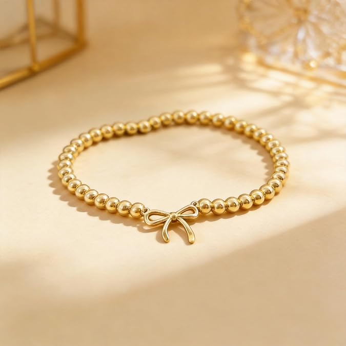 2PCS Dainty Beaded Bracelet Set for Women - Waterproof Silver Gold Bow Charm Stretch Ball Handmade Stackable Bracelets, Trendy Adjustable Jewelry Birthday Gifts for Her