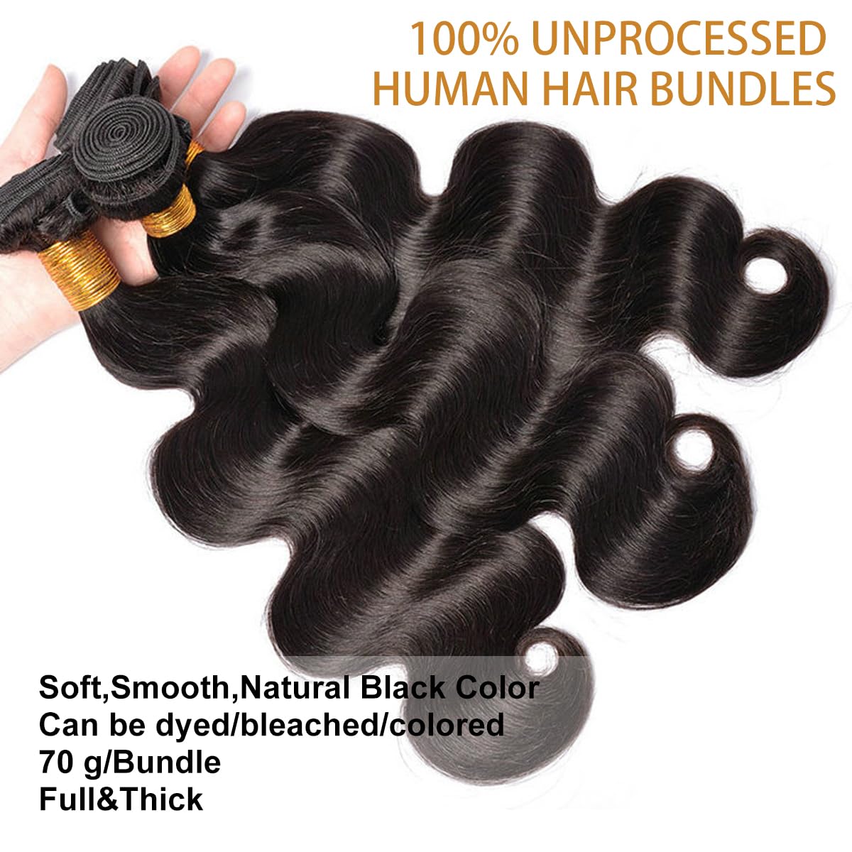 Body Wave Bundles Human Hair 14 16 18 Inch Human Hair Bundle 100% Unprocessed Brazilian Virgin Hair 3 Bundles Human Hair Extensions for Black Women Natural Color