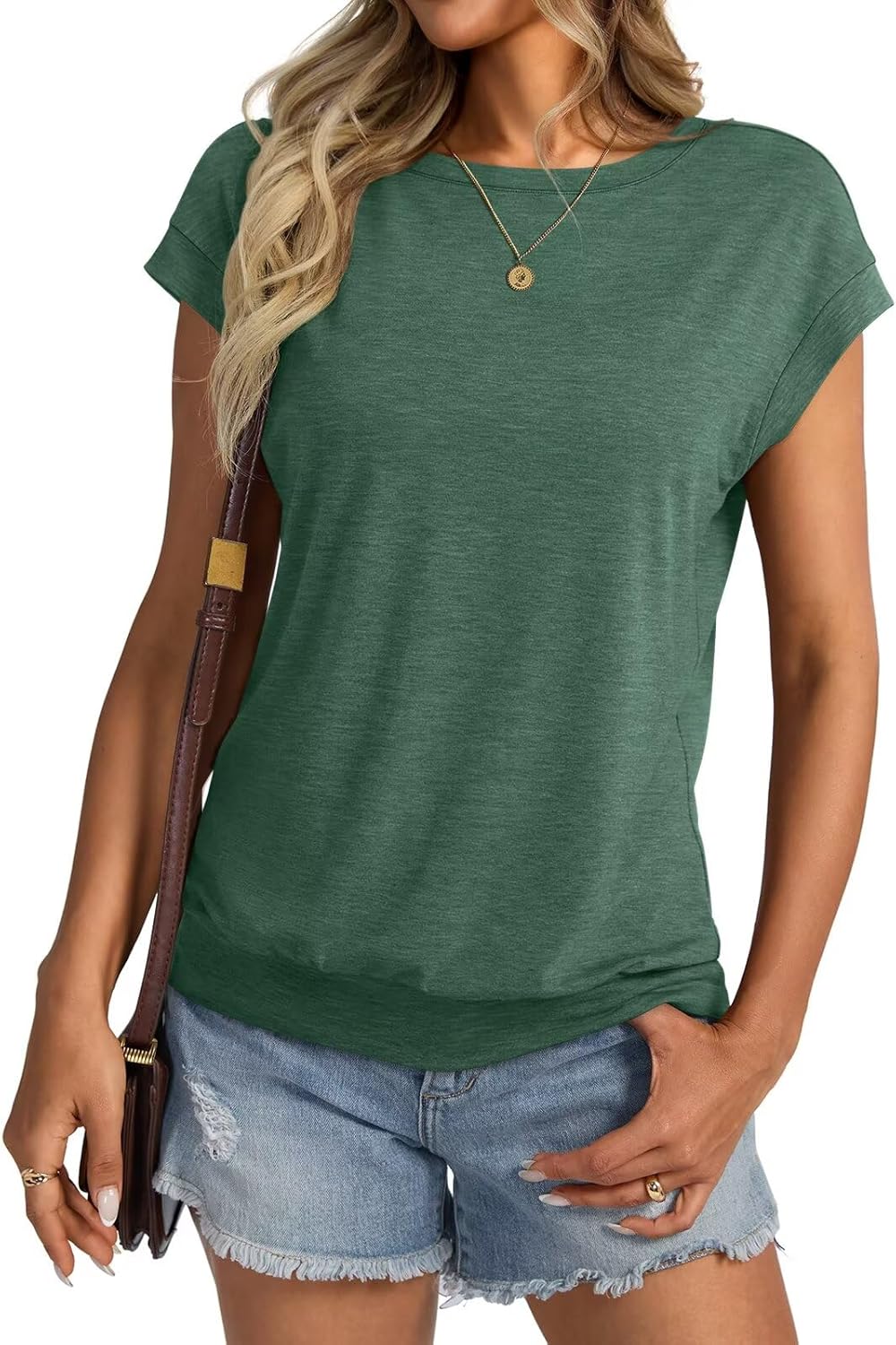 Womens Crewneck Cap Sleeve T Shirts Banded Bottom Top Loose Fit Short Sleeves Tee Casual Summer Basic Tops 2025