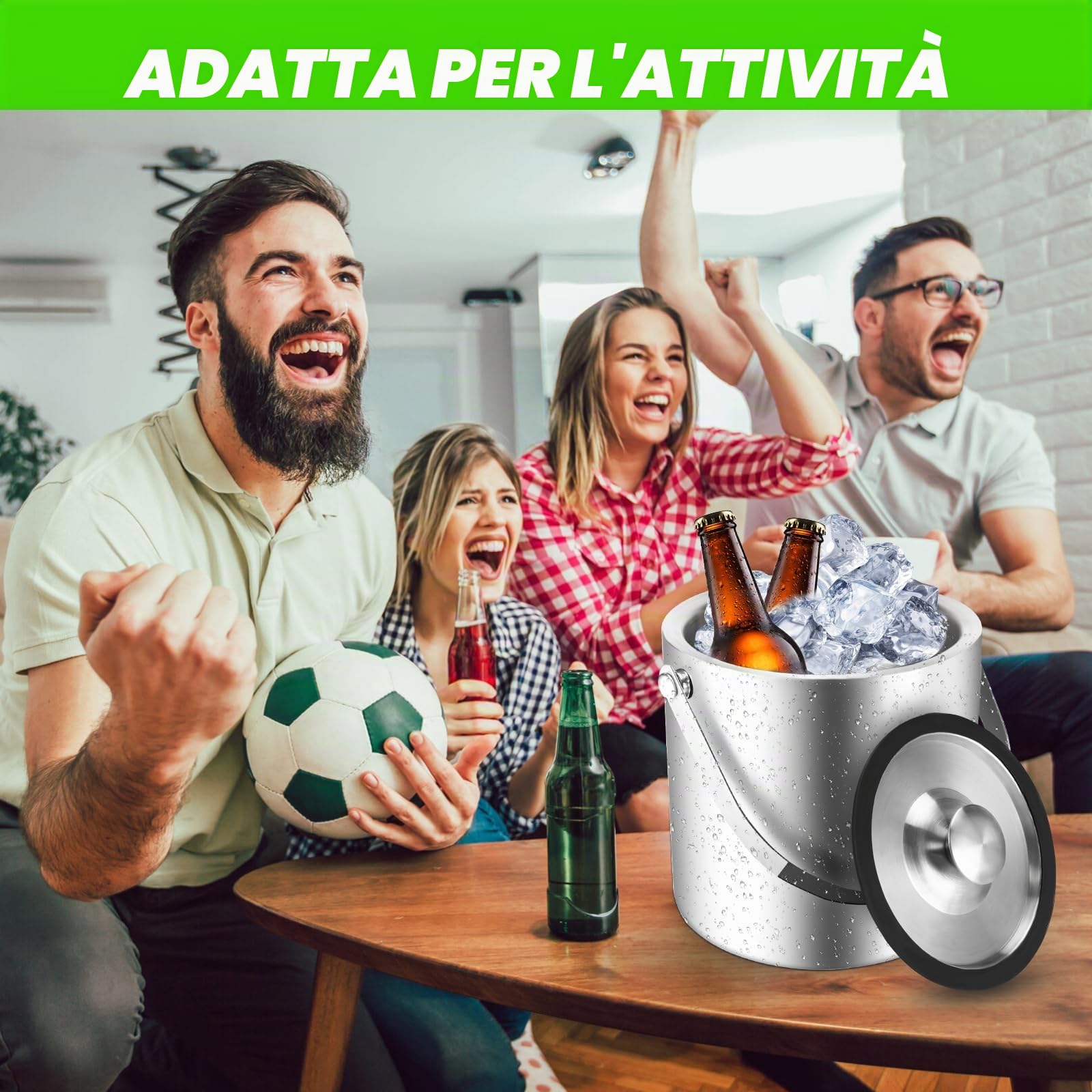 Sprifityy 2,2L Secchiello per Ghiaccio a Doppia Parete in Acciaio Inox,con Coperchio in Silicone, pinze e Filtro,Secchiello Ghiaccio Acciaio Inox,Ideale per Famiglie e Bar