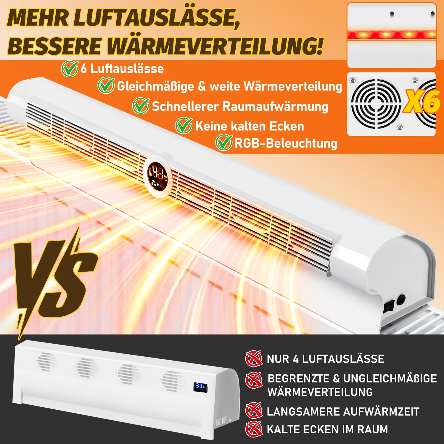 Heizkörper Ventilator mit 6 Auslässen, 7-Farben-RGB
