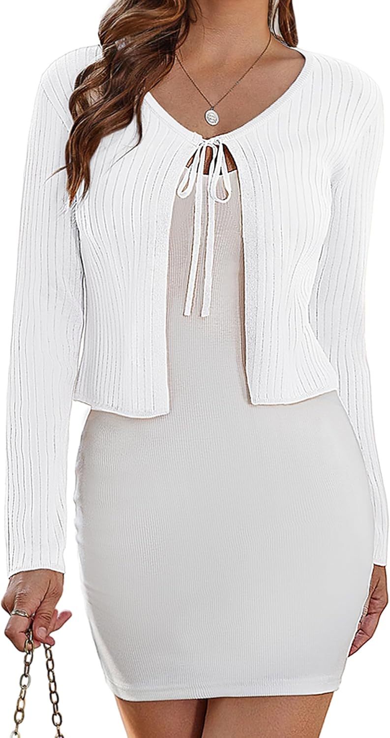Yekaty Women's Tie Front Cardigan Sweaters for Women Long Sleeve Crop Sweater Rib Knit Shrug Dress Jacket S-XL