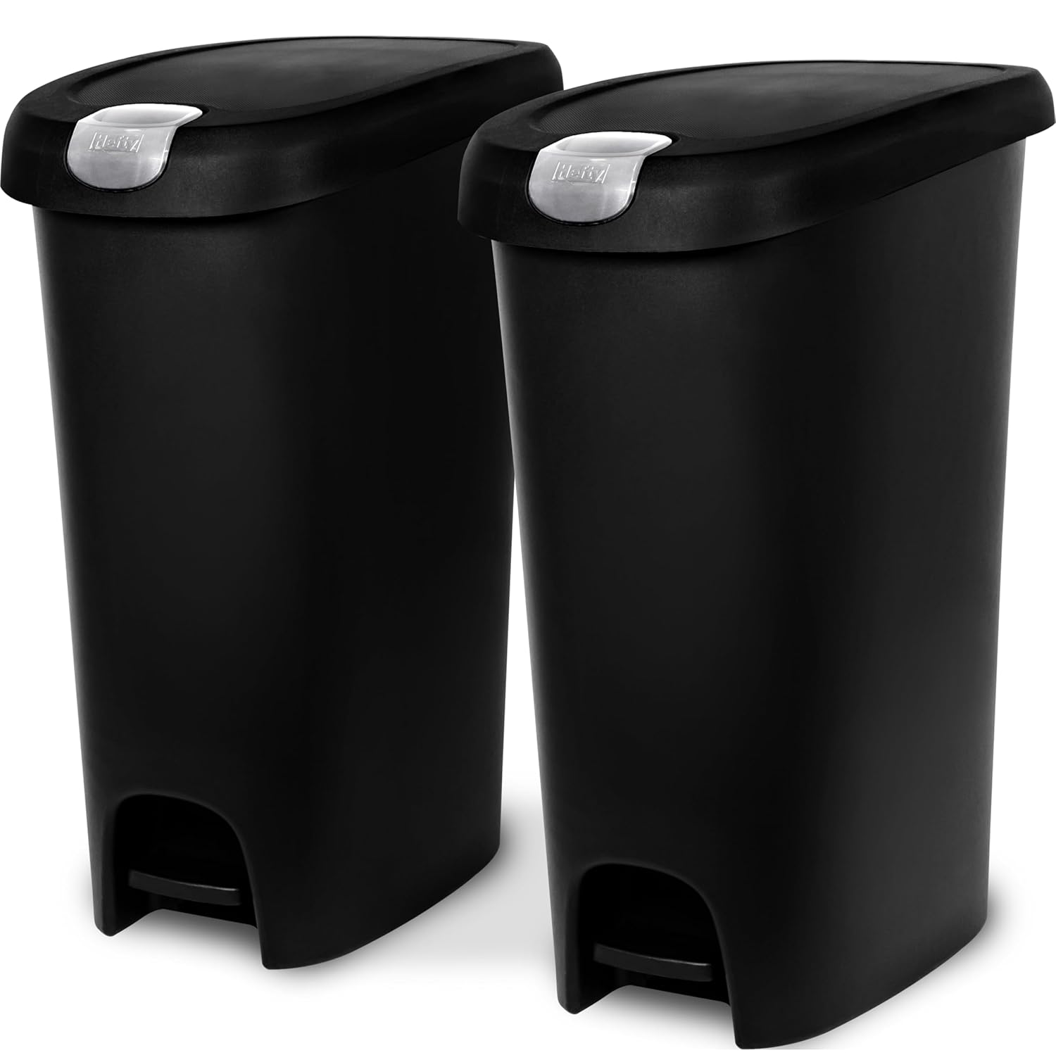 Hefty 12 Gallon Trash Can with Lid, Plastic Garbage Can Step to Open with Lockable Lid, Kitchen Waste Basket for Home Garage, Large Capacity Trash Bin, 2 Pack, Black