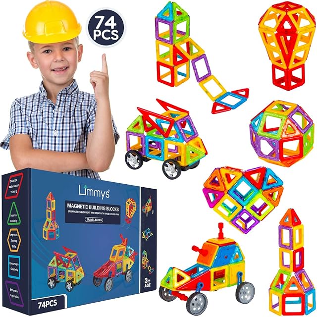 Limmys Magnetic Building Blocks  Unique Magnetic Tiles Construction Toys for Boys and Girls  STEM Educational Toy  Includes 74 Pieces and an Idea Booklet  Magnets for Kids with Magnetic shapes