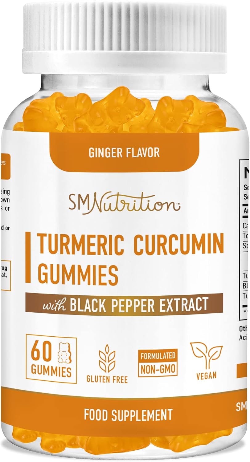 Turmeric Gummies for Adults (60 Count, 30-Day Supply) - Turmeric Curcumin Supplement Gummies w/Black Pepper for Joint Support* - Ginger Flavored, Non-GMO, Vegan, Gluten-Free Joint Supplement