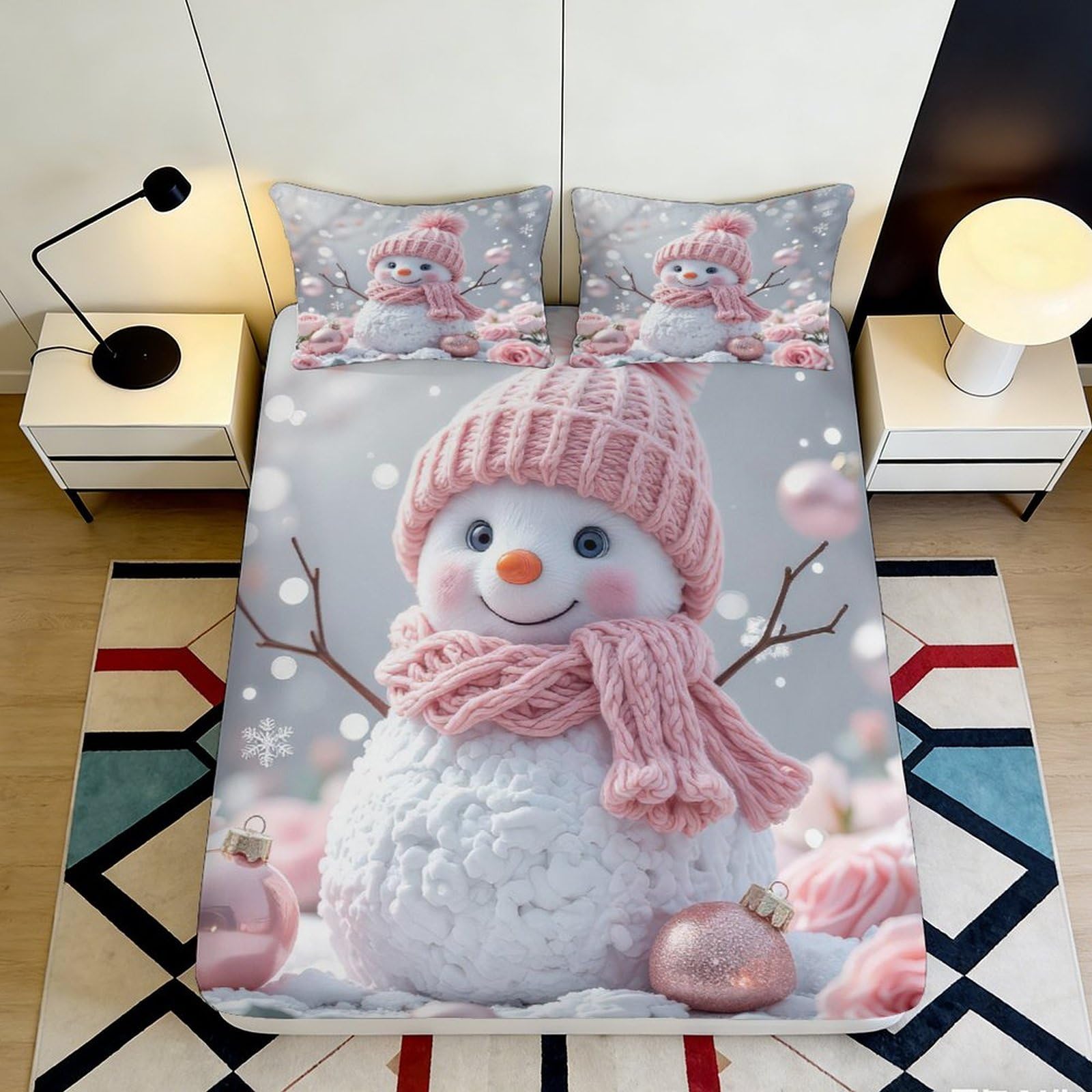 Uynsixtme Style-3 3D Printed Snowman Fitted Sheet Microfiber Non-Slip Deep Pocket Bedroom Bedding Set Snowman Mattress Fitted Cover Washable Full Wrap For Adults Teens 90X200x25cm