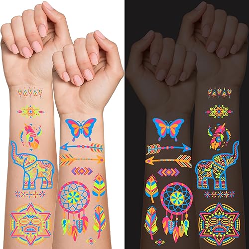Miniatura 6 de 32 hojas de tatuajes temporales que brillan en la oscuridad, kit de tatuaje con purpurina, más de 180 estilos de fluorescencia UV neón falso