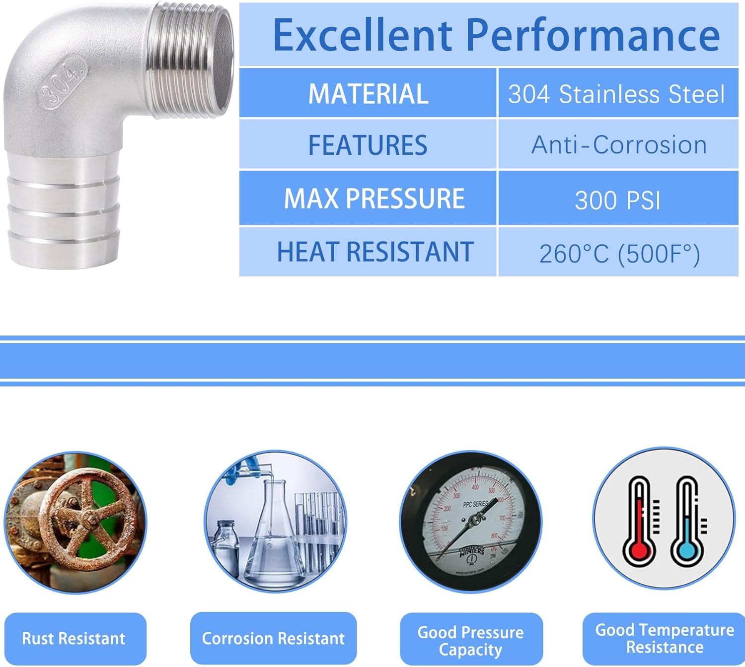 304 Stainless Steel 1-1/4" Hose Barb x 1" Male NPT 90 Degree Elbow for Air WaterFuel Home Brew Pipe Fitting Lead-Free 2 pcs