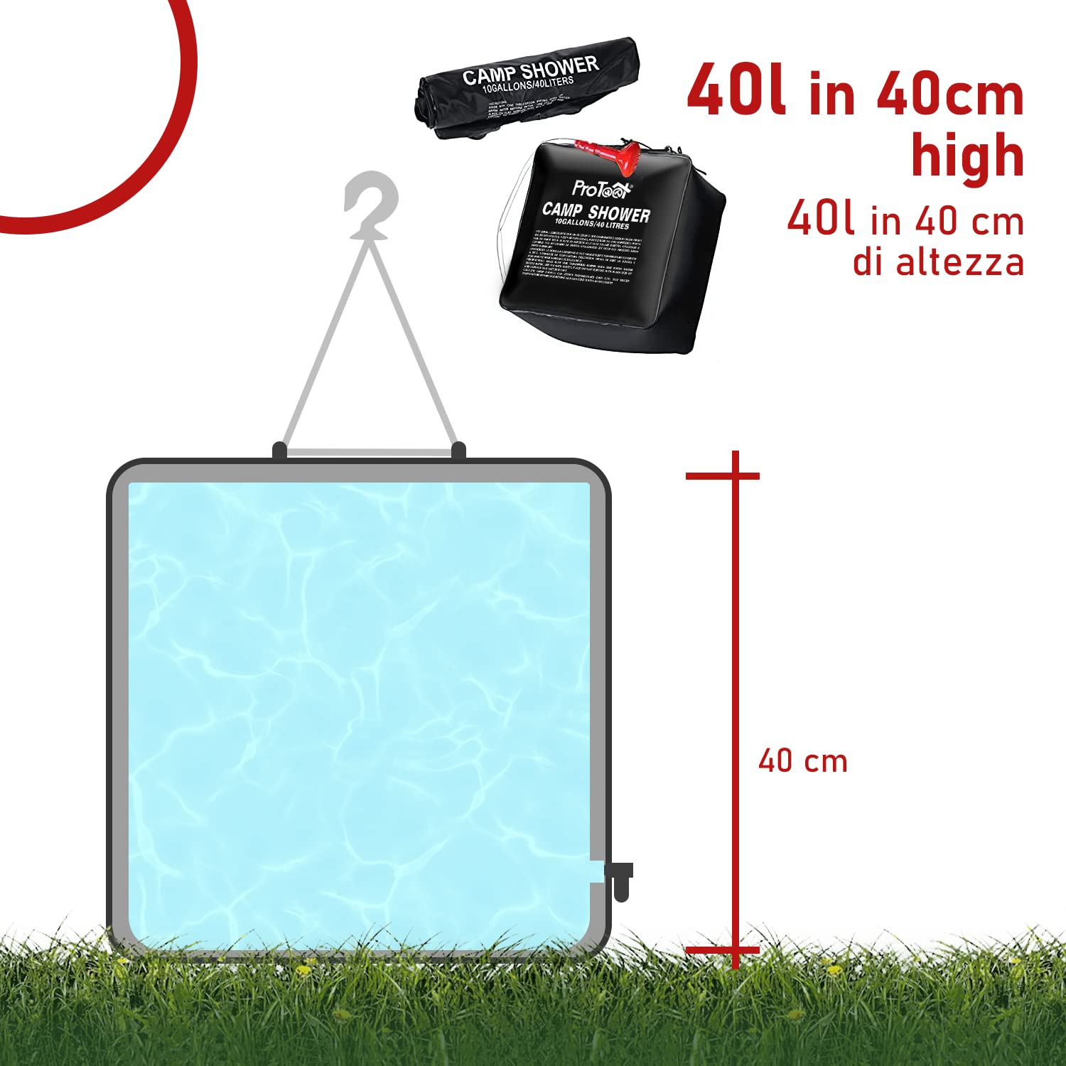 Borsa Doccia Solare da Campeggio, 20L/40L Riscaldamento Solare Borsa da Campeggio Maxi, Doccia Portatile con Tubo Rimovibile e Soffione per Campeggio, Escursionismo Trekking attività all'aperto
