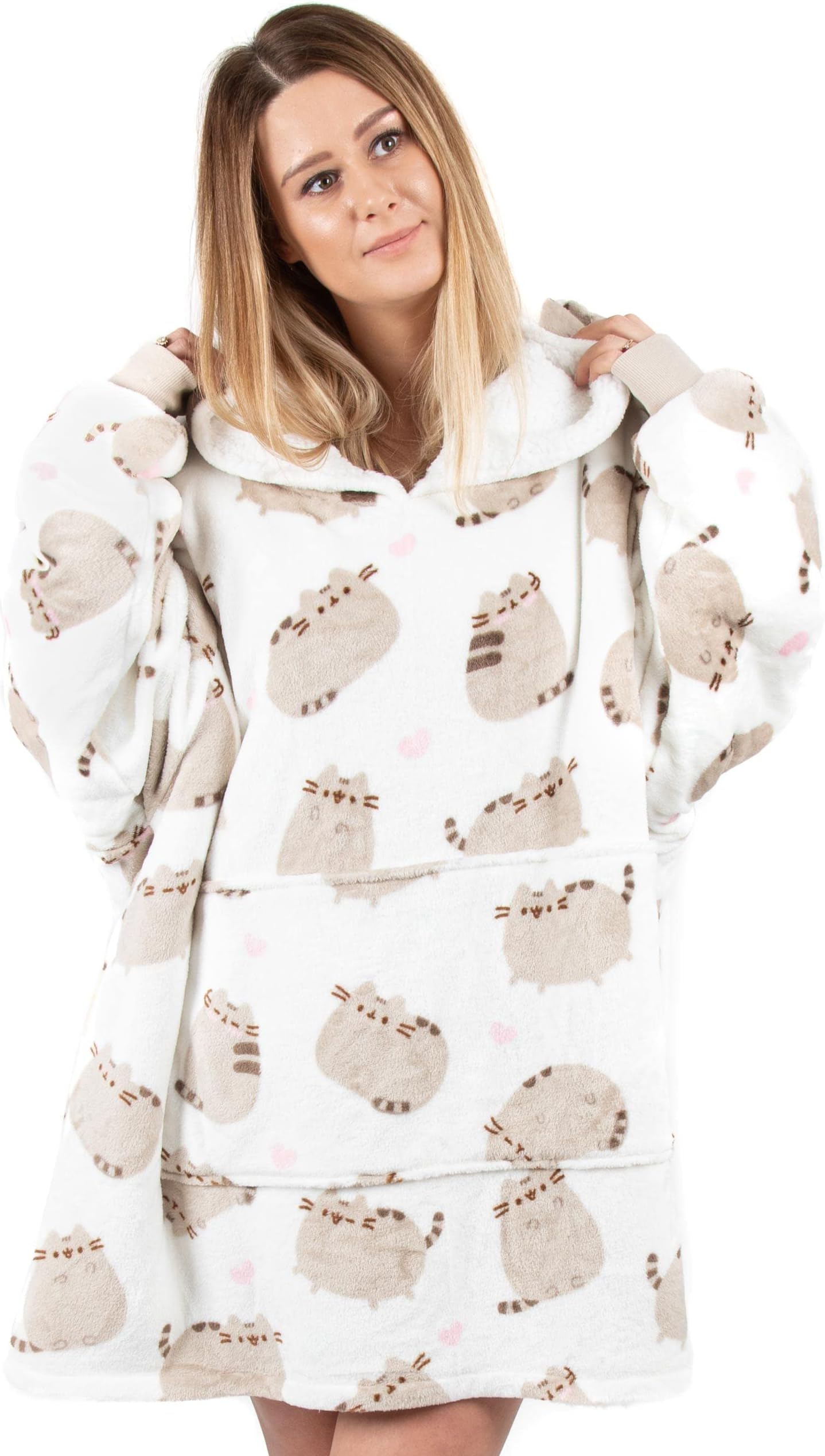 Pusheen Womens Wearable Blanket | Ladies Tabby Cat with Hearts All Over Print Fleece Hoodie | Cute Snuggle Hooded Pullover