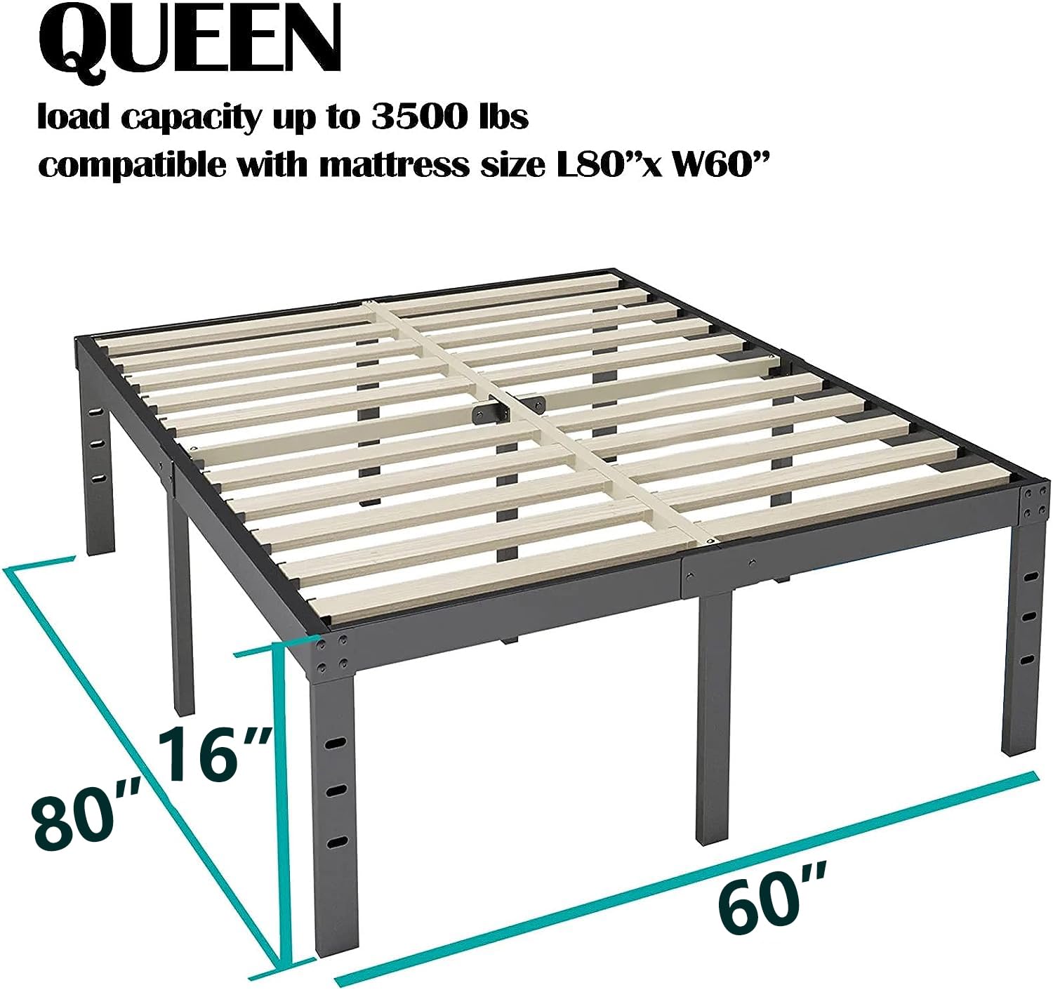 Auroral Zone 16" High Queen Bed Frame No Box Spring Needed, Heavy Duty Metal Platform Bed Frame Queen Size with 3" Wide Wood Slats, Easy Assembly, Noise Free, Black