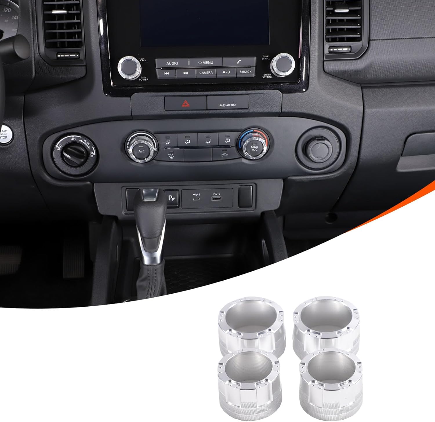 4PCS Air Conditioner Switch Knob Cover Compatible with Nisan Frontier 2022-2024,Aluminum Alloy Mecha Style Air Conditioner Stereo Volume Switch Knob Ring Covers Car Interior Accessories (Silver)